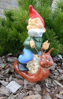 Garden Gnome on Glazed Snail Hand Made Lawn Knome Vintage style Hand