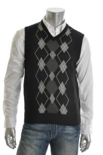 Geoffrey Beene NEW Black Argyle Front V Neck Sweater Casual Vest L