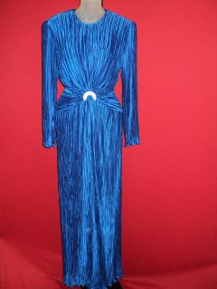 George F Couture Sapphire Blue Crinkled Rhinestone Waist Formal Dress