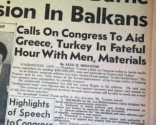 President Harry TRUMAN DOCTRINE Greece & Turkey Aid   Communism 1947