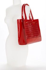 TORY BURCH NWT Mini Georgiana Perforated T Tote Bag Patent Leather Red