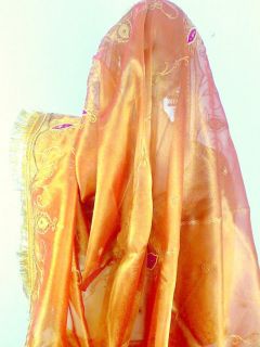 Lehenga Dupatta Choli Gold Organza Skirt Veil Indian Sari Bridal