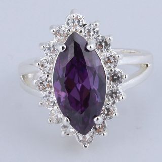  Coming Oval Amethyst Topaz Gemstone CZ Crystal Silver Ring Size 7 S240