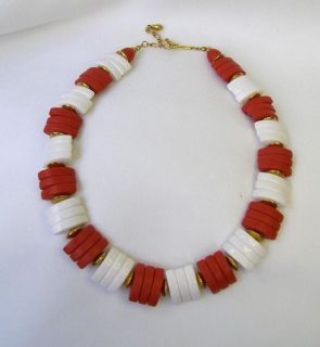 Vtg 1960s Brick Red & White Losenge Disc Necklace Very Chic