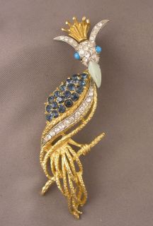 Large Vintage Florenza Brooch Jeweled Exotic Bird Signed