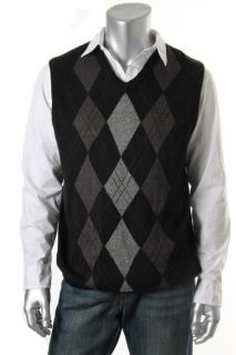 Geoffrey Beene New Black Argyle Ribbed Trim V Neck Casual Sweater Vest