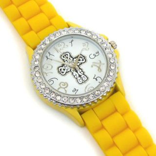 Mens Womens Cross Silicone Geneva Rubber Band Crystal Bezel Watch w