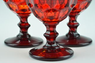 Vintage Ruby Red Art Glass Goblets Thumbprint Honeycomb Design
