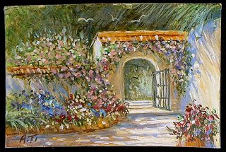 Oil Painting Miniature Impressionist Flower Garden Arch