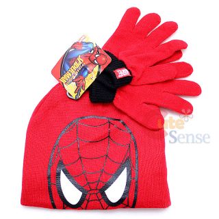Marvel Spiderman Gloves Beanie Hat Set Red Big Face Knitted