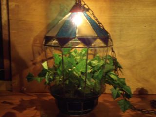 Retro Large Hanging Lighted Terrarium Leaded Stained Glass Light Lamp