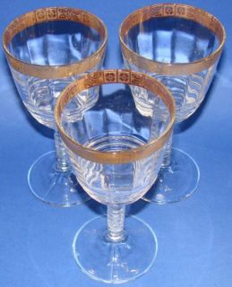 Federal Depression Glass Water Goblets 3 Ringed Stem Floral Gold Trim