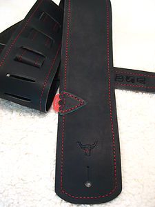 Handmade Custom 3 Black Leather Guitar Strap Pick Pocket Red Stitching