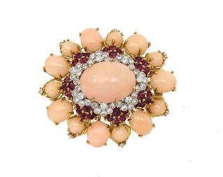 Opulent 18K Gold Diamonds Angel Coral Pin Brooch