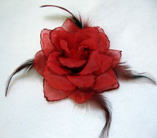 Red Glitter Rose with Feathers Hair Flower Clip and Pin