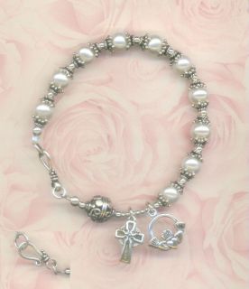 Irish Sterling Silver Celtic Cross Claddagh Pearl Rosary Bracelet 7 5