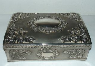 Godinger Silverplate Jewelry Box Embossed Victorian Roses Hinged Lid 9
