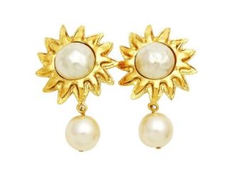  vintage Chanel earrings gold sun white pearl dangle jewelry COCO ea802