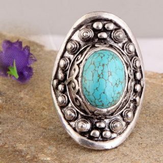 Turquoise Gemstone Bead Tibet Silver Adjustable Ring 8