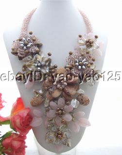 Excellent Pearl Crystal Rose Quartz Jasper Shell Flower necklace