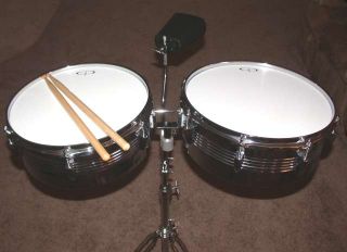 GP Percussion 13 & 14 Timbale Drums, Stand, Cowbell, Sticks & Drum