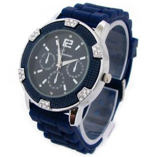 New Navy Silver Geneva Silicone Rubber Chronograph Designer Watch with