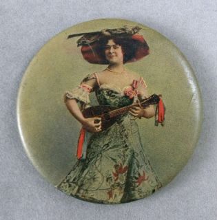 Vtg Victorian Celluloid Pocket Mirror Girl Playing The Ukulele