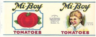 MI Boy Brand Tomato Can Label Glendora Prod Warren PA
