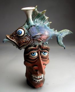 Fish Planking Face Jug Raku Pottery folk art clay sculpture by Grafton