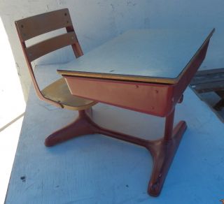 Vintage Classic Red School Desk with Storage Adjustable Height Wood
