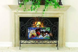 Horses Portrait Stained Glass Fireplace Screen w Panel
