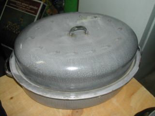 Vintage Large Gray Granite Enamel Oval Roaster