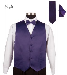 Mens Tuxedo 4 Pieces Vest, Bow Tie, Handkerchief, and Tie Solid