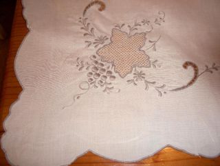 Vintage Ivory Linen Tablecloth Hand Embroidered Grapes Flowers Cutwork