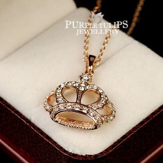 18CT Rose Gold GP Sparkling Crown Pendant Necklace W Clear SWAROVSKI