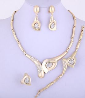 Gold Plated Necklace, Bracelet, Earring & Ring Set w/ Rhinestone No 7