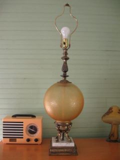 Large Vintage Amber Glass Ball w Marble Base Lamp Light Fixture