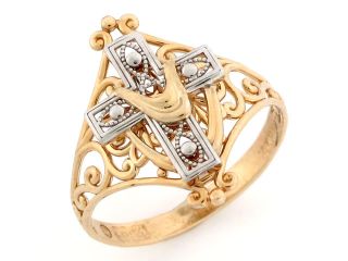14k Two Tone Gold Cross Shroud Religious Filigree Ring