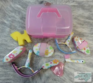 Pink 9 Piece Kids Size Horse Grooming Kit w Plastic Carrying Tote New