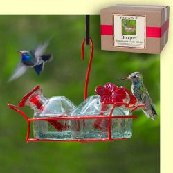Gift Set Blown Glass Hummingbird Feeder Triple Bouquet
