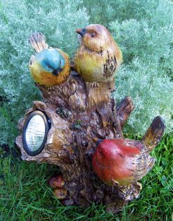 Solar Light Tree Stump with 3 Colorful Birds Great Patio or Garden