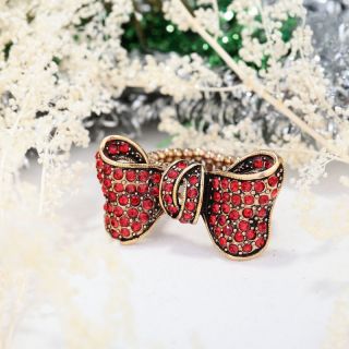 Antique Gold Plated Rhinestone Bow Stretch Cocktail Ring Red