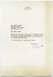 Famous American Impresario Sol Hurok Signed Letter to Theatre World