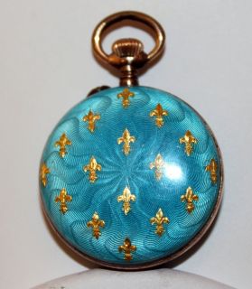 Antique Blue Gold Enamel 800 Coin Silver Swiss Pendant Necklace Watch