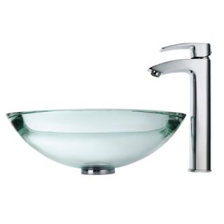 Kraus Clear Glass 34 mm Edge Vessel Sink and Visio Bathroom Faucet in