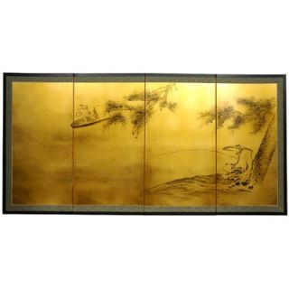 Oriental Furniture 36 Gold Leaf Fishing for Life Silk Screen with