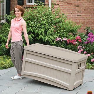 Suncast Resin 73 Gallon Deck Box with Seat and Wheels