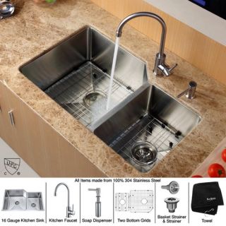 Undermount 32 Double Bowl 70/30 Kitchen Sink with Faucet and Soap