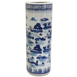 Oriental Furniture Umbrella Stand with Blue Landscape Design in White