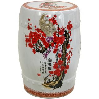 Oriental Furniture Garden Stool with Cherry Blossom Design in White